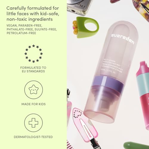 Evereden Kids Multi-Vitamin Hydrating Face Mist | Nourishing Face Spray, Preppy Skincare Essential for Ages 6+ | Clean Formula Safe for Sensitive Skin | Multi-Vitamin Complex, Peach & Mango Juice