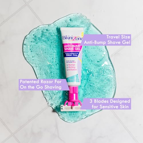 Bikini Zone Flow All-in-One Travel Razor with 1 oz Anti-Bump Shave Gel, 3-Blade Disposable Razor for Bikini & Sensitive Areas