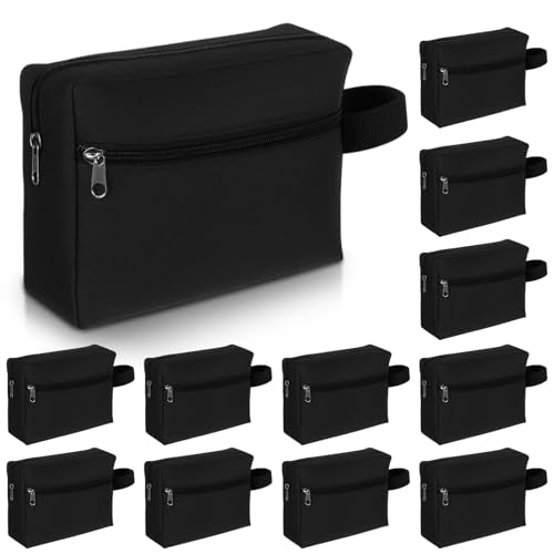 12 Pcs 8.6 x 6.3 x 2.7 inch Black Travel Toiletry Bags Bulk for Women Men Large Water Resistant Shaving Bags Hanging Cosmetic Bag with Handle and Divider Storage Travel Pouch Case