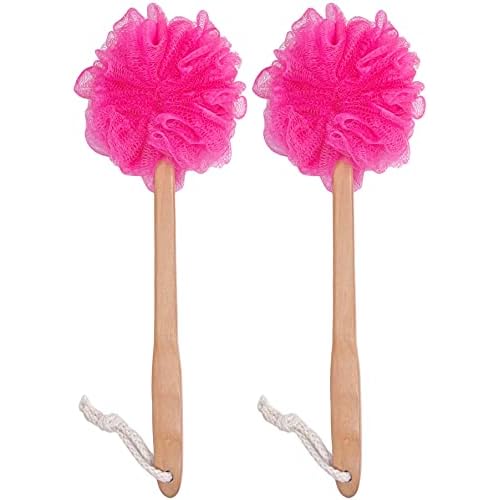 Shower Loofah Body & Back Scrubber - Exfoliating Loofah luffa Bath Brush On a Stick - with Long Wooden Handle Back Brush for Men & Women - Easy Reach Body Wash & Lotion Applicator£¨ 2 Pack- Red£©