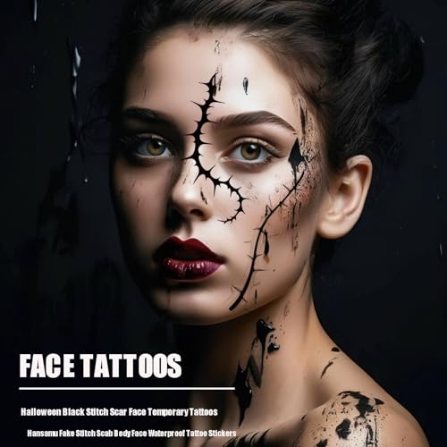 16 Sheets Black Stitch Scar Face Tattoos, Fake Stitch Scab Body Face Waterproof Temporary Tattoo Stickers for Halloween Masquerade Makeup Supplies