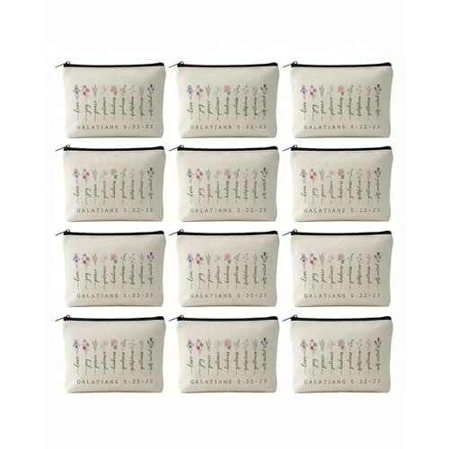 Fruit of the Spirit Cosmetic Bag 12 Pack - Christian Gifts for Women Bulk Church Retreat Favors - Durable Canvas Bible Study Pouch with Zipper - 8.4 x 5.5 Inches