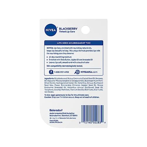 NIVEA Blackberry Lip Care, Tinted Lip Balm with Shea Butter, Nourishing Oils and Vitamin C & E, 3-in-1 Moisture, Repair (for Dry Lips) and Color, 0.17 Oz Stick