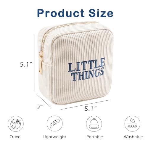Small Makeup Bag for Purse£¬Personalized Mini Corduroy Cosmetic Bag with Embroidered Letter, Aesthetic Cosmetic Pouch, Cute Lipstick Holder for Women and Girls(04Beige Little Things)