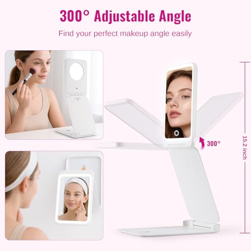 EASEHOLD Lighted Travel Makeup Mirror with 72 Light,1X/3X Magnification,Rechargeable Dimmable Touch Screen,Foldable Adjustable Height & Angle, Compact Magnifying LED Mirror for Women Teens