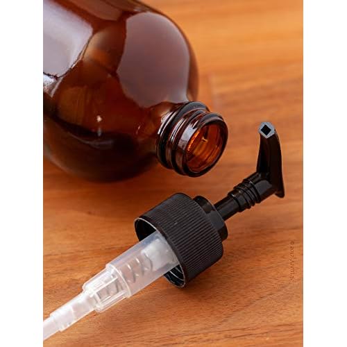 (4 Pack) 16 oz Amber Glass Boston Round Bottle with Black Lotion Pump