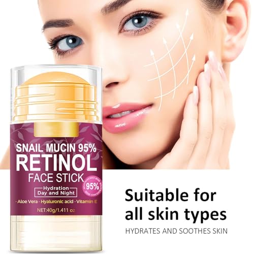 Hydrating Face Balm Stick with 95% Snail Mucin, Retinol and Hyaluronic Acid Multi Balm Stick Moisturizer for Day and Night Deep Hydration, Moisturizer Stick for Face Anti Wrinkle Skin Repair,1.41Oz