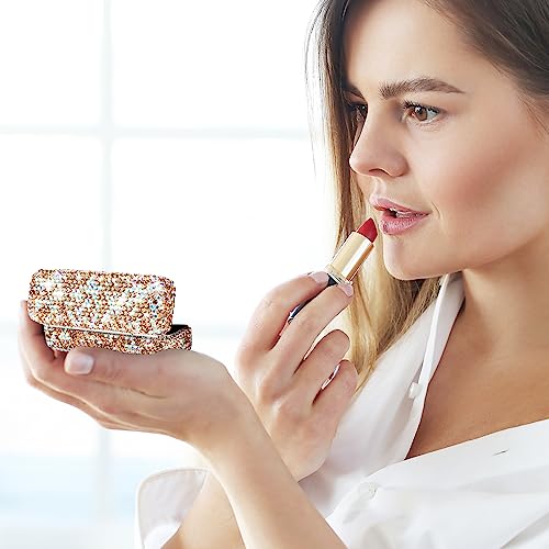Lipstick Case with Mirror, Rhinestone Crystal Lipstick Organizer for Travel, Portable Bling Diamonds Lip Gloss Storage Holder (Gold)
