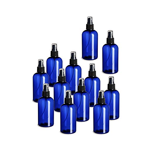 Natural Farms 12 Pack 8 oz - Blue Boston Plastic Spray Bottles - Fine Mist Sprayer & Dust Cap for Essential Oils, Perfumes, Cleaning Products - Made in the USA