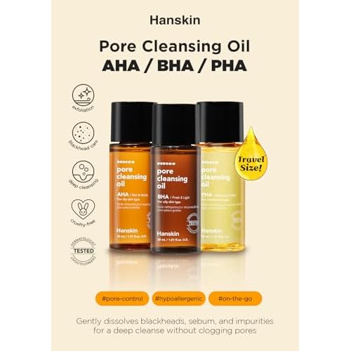 Hanskin PHA/BHA/AHA Trial Size Pore Cleansing Oil, Gentle Blackhead Cleanser and Makeup Remover for Combination and Oily Skin Travel Size Mini Makeup Remover Set [1 oz/Pack of 3]
