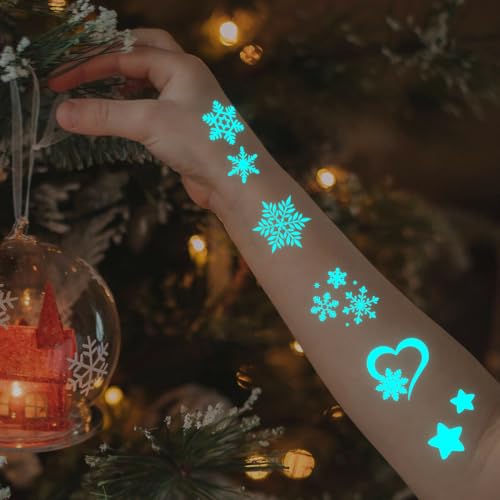 Blue Luminous Snowflake Temporary Tattoos - 74 Individually Sheets White Snowflake Tattoos for Kids Adults Winter Christmas Party Supplies