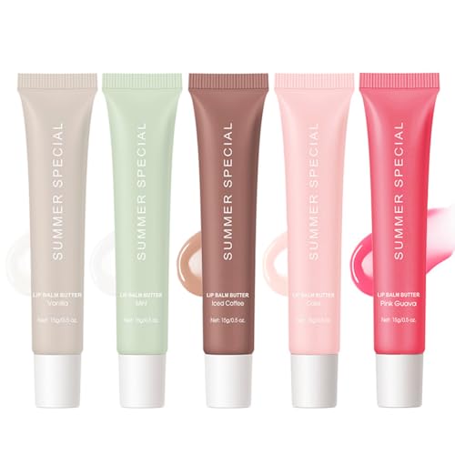 5-Color Summer Special Lip Balm Butter-Shea Butter & Avocado Oil Formula, Lightweight & Non-Sticky, 5 Trending Shades (Vanilla/Mint/Iced Coffee/Cake/Guava), Soften Dry and Lip Care, Gift Box for Teens