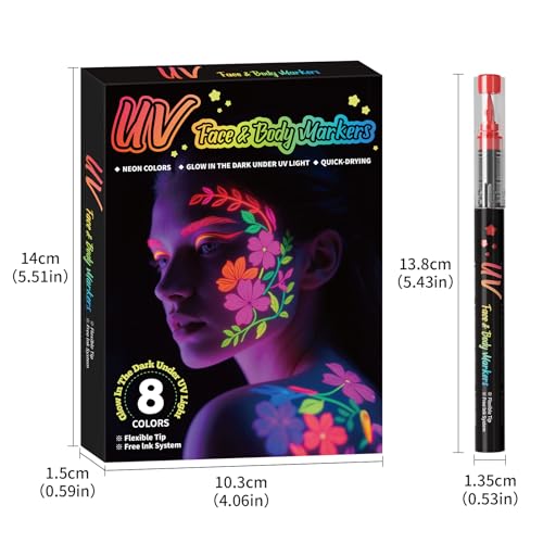 8-color luminous body painting, UV neon face painting pen, luminous face painting kit, washable skin tattoo pen, Halloween party makeup (8 colors)