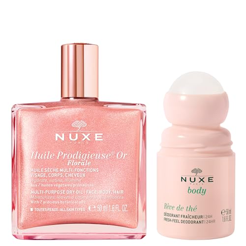 Nuxe Huile Prodigieuse Floral Shimmering Dry Oil (1.6 Fl Oz) & R?ve de Th? Aluminum-Free Deodorant (1.6 Fl Oz), Skincare Duo for Radiant Skin & 24-Hour Freshness