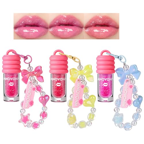 3 Colors Glimmer Tinted Lip Gloss Set, Shimmer Glossy Moisturizing Liquid Lipstick, Lip Make-Up for Girls and Women Party Gift With Bowknot Keychain Design