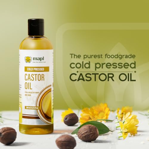 MAPL Castor Oil 6.76 Fl Oz (200 ml) ? Organic Arandi Oil for Hair, Skin, Eyebrows & Eyelashes ? Cold-Pressed, Unrefined & 100% Natural Superfood ? Traditional Indian Hair Care, Food Grade & Edible