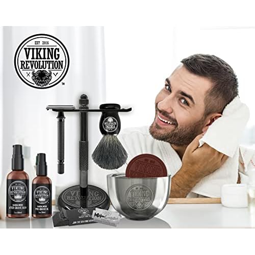 Viking Revolution Luxury Safety Razor Shaving Kit - Includes Double Edge Safety Razor, Stand, Bowl, After-Shave Balm, Pre-Shave Oil, Badger Brush - Safety Razor Kit