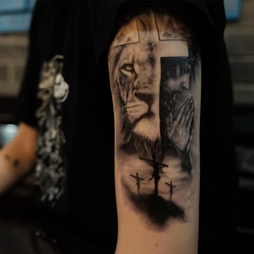 Generic 2 Sheets Large Half Arm Sleeve Temporary Tattoos For Men Women Waterproof Fake Forest Lion Jesus Cross Old School Halloween Fake Tattoo Stickers Adults Black Realistic Animals Tattoo