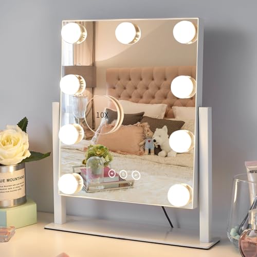 Vanity Mirror with Lights,Lighted Vanity Mirror with 9 Dimmable Bulbs for Dressing Room & Bedroom,3 Color Lighting,Modes Detachable 10x Magnification 360¡ÆRatation(White) 12" L x 14.4" W