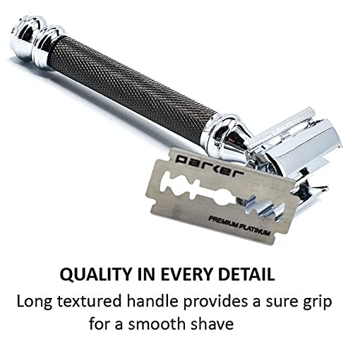 Parker 76R Heavyweight Butterfly Open Safety Razor ? Gunmetal Finish with Long Knurled Handle for Precision Wet Shaving