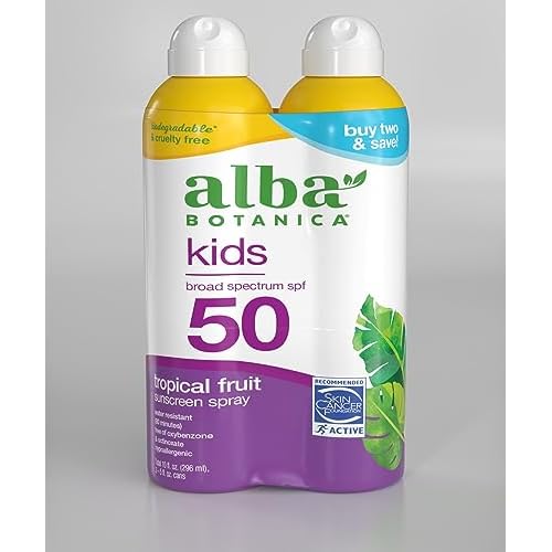 Alba Botanica Kids Sunscreen Spray for Face and Body, Tropical Fruit, Broad Spectrum SPF 50, Water Resistant, 5 fl. oz. Bottle (Pack of 2)