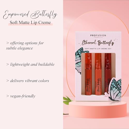 Profusion Cosmetics Empowered Butterfly Soft Matte Lip Creme Set is a Versatile Beauty Essential Trio of Soft Matte Lip Cremes for any Occasion, Providing Day to Night Elegance