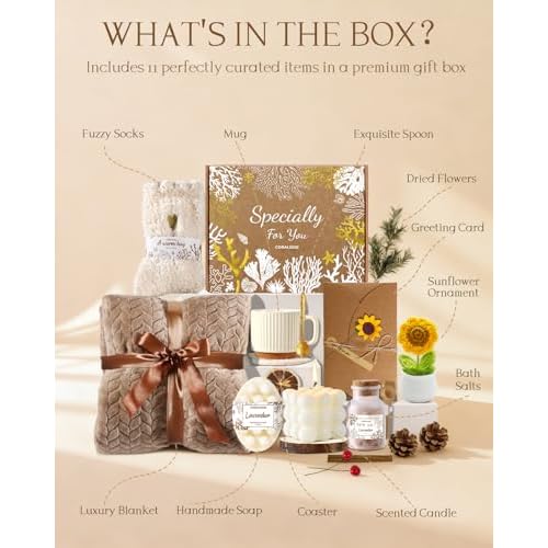 Coralogo Spa Gift Baskets for Women - Get Well Soon, Self Care, Relaxing Sunflower Gift Basket, 11pcs Spa Sets for Women, Luxury Gifts for Her Birthday Valentines Day Mothers Day