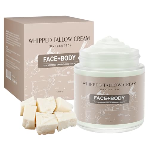 Ofanyia Beef Tallow for Skin, Whipped Tallow Cream for Sensitive Skin, Tallow Face Moisturizer for Repairing Damaged Dry Skin, Natural Beef Tallow Grass Fed Lotion for Skin Care, 4 oz (UNSCENTED)