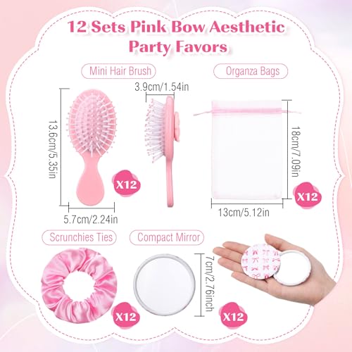 48 Pcs Coquette Bow Party Favors for Women Bow Compact Mirrors Mini Hair Brush Scrunchies Ties Organza Bags Thank You Gift Baby Shower Supplies