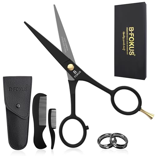 5" Premium Beard Mustache Scissors, Black High Carbon Stainless Steel Beard Scissors with 1 Beard Comb, 1 Mustache Comb, 2 Stickers and Tarvel Pouch. Beard Trimming Scissors for All Facial Hair