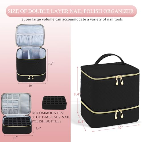 Nail Polish Organizer, Nail Polish Storage Holds 30 Bottles & Nail Lamp, Double Layer Nail Bag Organizer Case, Portable Nail Polish Holder for Nail Tech Travel & Manicure Kit
