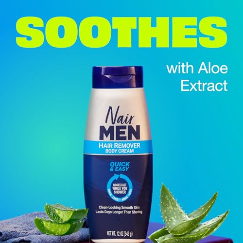 Nair Men Hair Remover Body Cream, Quick and Easy Body Hair Removal Cream for Men, Aloe and Lanolin, Dermatologist Tested, 12 Oz