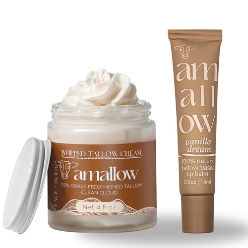 Amallow 100% Grass Fed Beef Tallow Skincare & Lip Balm Set - Whipped Moisturizer for Face & Body (Clean Cloud) + All Natural Tallow Lip Balm (Vanilla Dream)