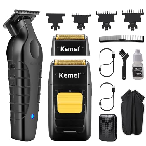KEMEI Professional Hair Trimmer for Men Cordless, Foil Shaver with Replacement Heads & Nets, Zero Gapped Hair Clippers with T Blade, Electric Head Shavers for Bald Men, KM 2299, KM 1102