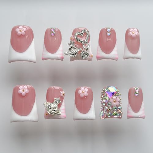Luxury Press on Nails Short Duck Handmade 3D Unique Reusable ABS Material Fake Nails White French Tip False Nails with Designs Pink Flower Rhinestones Glossy Glue on Nail Thick Acrylic Nail(S)