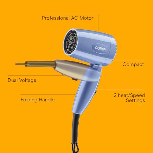 Conair Travel Hair Dryer with Dual Voltage, 1600W Compact Blow Dryer with Folding Handle, Blue