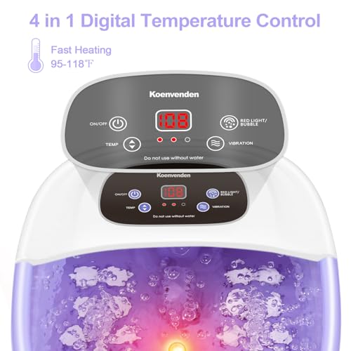 Foot Spa Massager with Heat, Bubbles & Vibration, 22 Rollers, Red Light, Adjustable Temp - Includes Lavender Epsom Salt - Purple