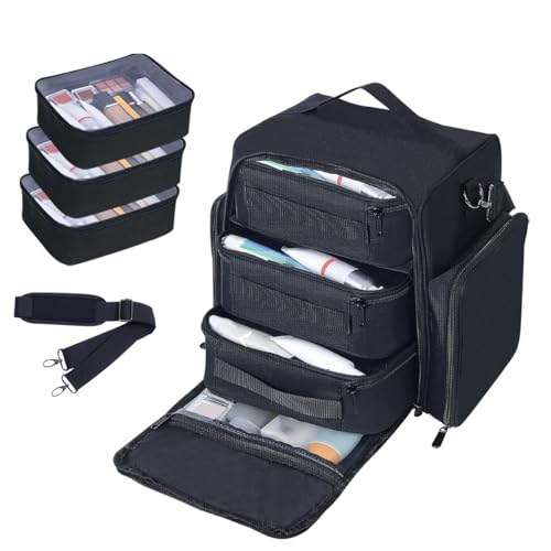 Train Case Makeup Bag Large Cosmetic Organizer with 3 Inner Removable Pouches Multifunctional Travel Makeup Artist Storage,Black