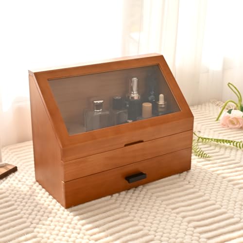 Cologne Organizer for Men, Pine Wood Bathroom Vanity Organizer Countertop, Desk Organizers with Drawer, 2 Tier Perfume Stand Holder, Men Jewelry Box, Ideal Gift for Him Dad Boyfriend