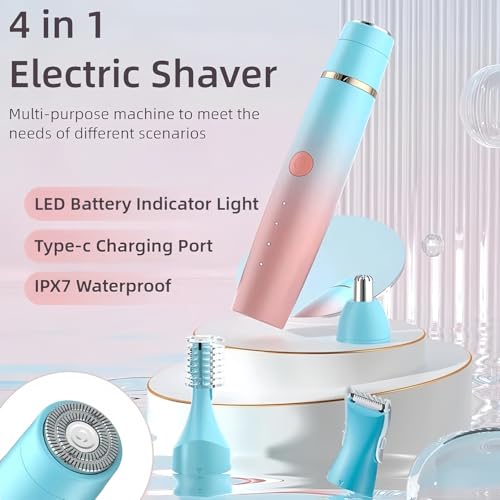 4-in-1 Electric Facial Hair Trimmer for Women, Rechargeable Waterproof Eyebrow Epilator with Multiple Heads, Blue and Pink Gradient