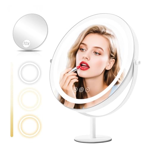 Makeup Mirror with Lights, Lighted Makeup Mirror with Magnification, 1x/10x, Large Round Vanity Mirror with Stand, 3 Color Modes, Brightness Adjustable, Smart Touch Control, 13 Inches Diameter