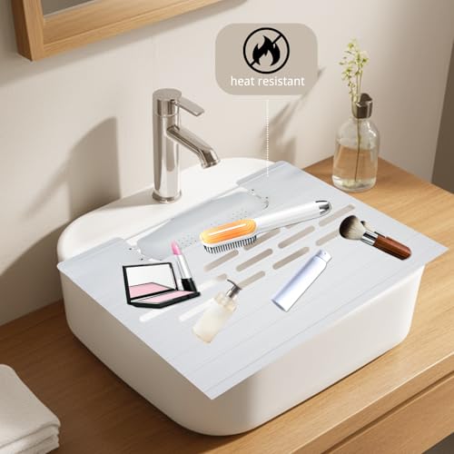 White Foldable Sink Cover, Silicone Makeup Mat for Sink with Draining Rack ? Multipurpose Bathroom Sink Cover for Travel, Storage, and Countertop Protection