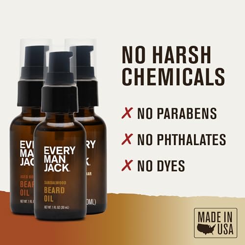 Every Man Jack Beard Oil Gift Set for Men ? Full Size 3-pack - Sandalwood, Vanilla + Cedar & Aged Bourbon Scents ? Softens Beard + Adds Shine - Naturally Derived w/Shea Butter ? 1 fl oz (3 Pack)