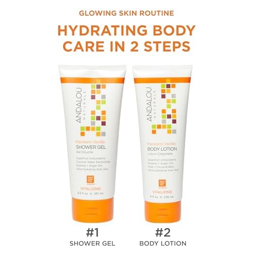 Andalou Naturals Vitalizing Body Lotion Mandarin Vanilla - Hydrating Daily Moisturizer to Nourish Dry Skin - With Shea Butter, Cocoa Butter, Rose Hip Oil, Argan Oil, & Aloe Vera - 8 fl oz
