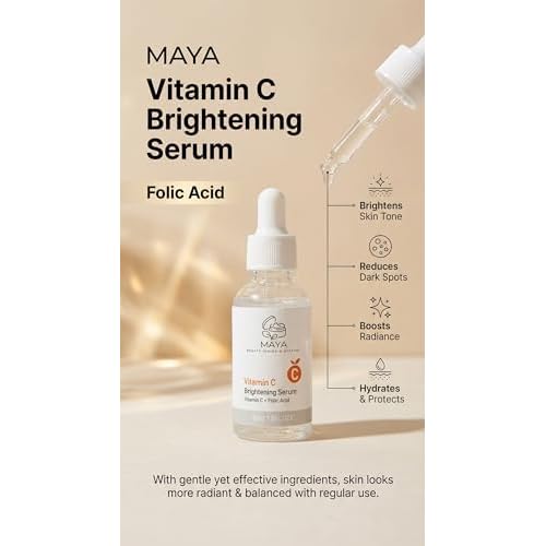 MAYA Vitamin C Brightening Serum with Folic Acid, Face Serum for Hydration & Glow, Lightweight Daily Facial Serum, 30ml