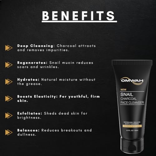 OMWAH Advanced Snail Mucin Gel Face Cleanser Infused with Activated Charcoal | Rich Daily Deep Cleansing Gel (3.5 OZ)