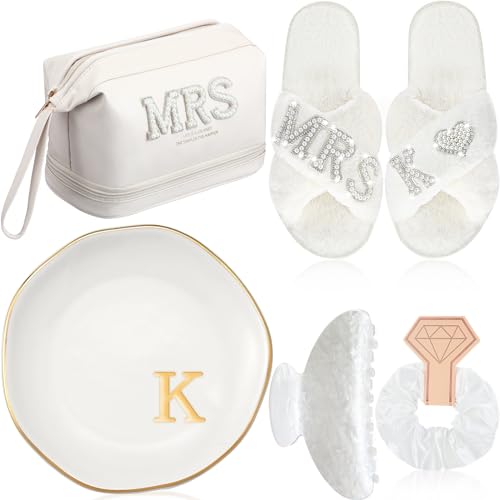 Personalized Initial Bridal Mrs Wedding Slippers Bride Wedding Ceramic Jewelry Tray Mrs White Pearl Letter Makeup Bag Claw Hair Clip Bridal Hair Tie for Women(Letter K)