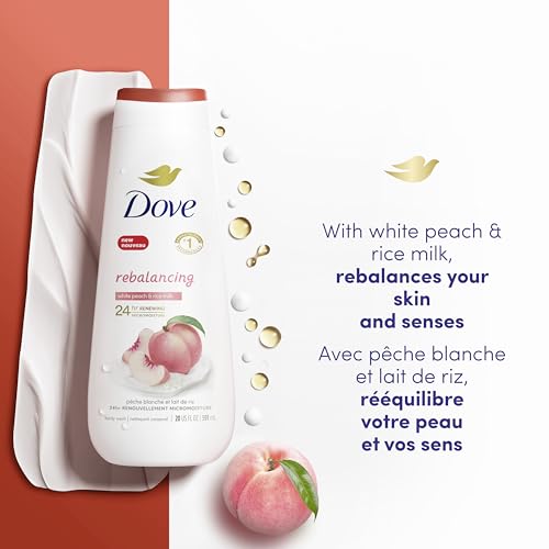 Dove Body Wash Rebalancing White Peach & Rice Milk, 4 Count for Renewed, Healthy Looking Skin, Moisturizing Gentle Skin Cleanser with 24hr Renewing MicroMoisture, 20 oz