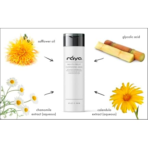 Raya Multi-Fruit Facial Cleansing Milk with AHA and BHA 8 oz (G-154) | Exfoliating Soap-Free Cleanser and Make-Up Remover for Dry and Combo Skin | Made with Multi-Fruit Alpha and Beta Hydroxy Acids