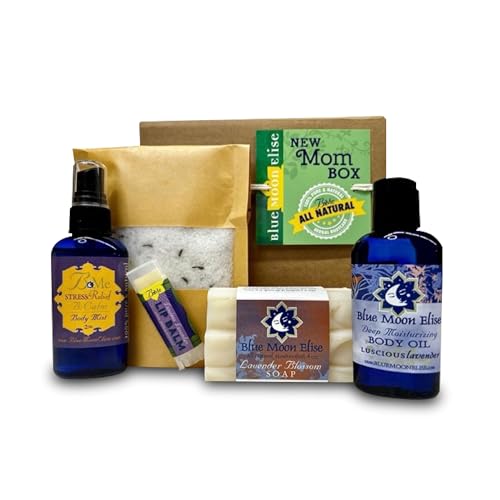 Blue Moon Elise New Mom Box, Natural Lavender Bath and Body Spa Gift Baskets for Women, New Mom Gifts for Women, Made from Pure Lavender Essential Oils, Safe for Use on Babies